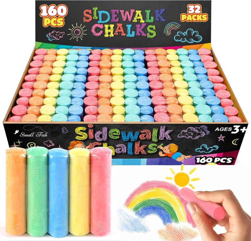 SMALL FISH 160Pcs Sidewalk Chalk Set in 5 Colors 32 Packs: Washable Jumbo Sidewalk Chalk Bulk for Kids Outdoor Art, Non-Toxic Dustless Giant Box Chalkboard Chalk for Toddler Painting on Blackboard, Party - Image 1